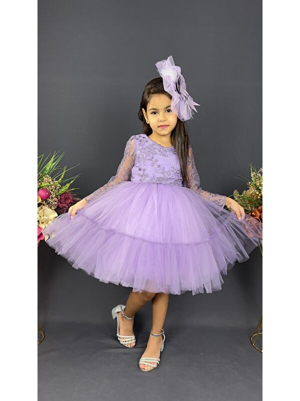 Mnk Baby & Kids Uzun Kol Güpürlü Tokalı Vintage Abiye Elbise MNK0472