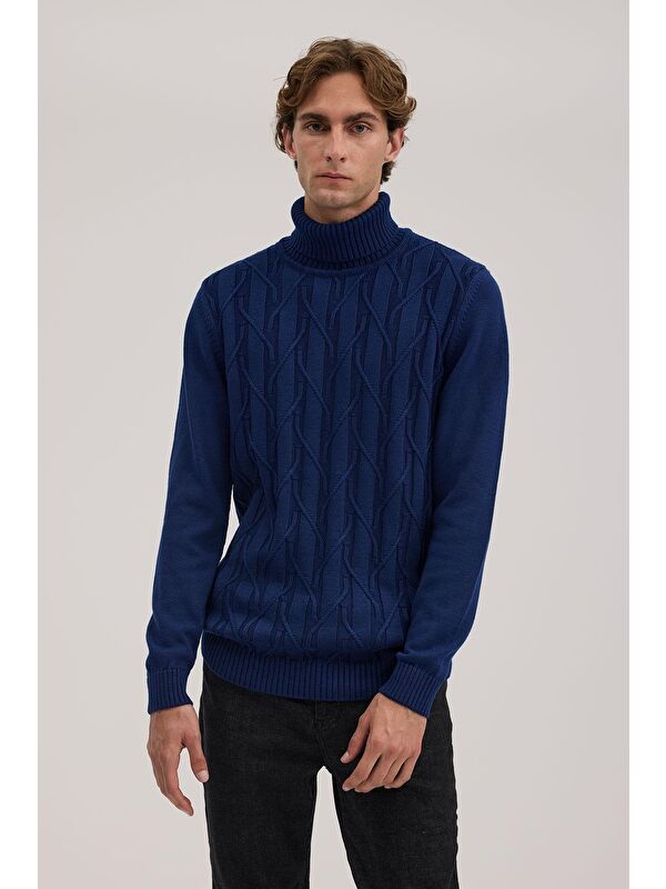 JAKAMEN İndigo Slim Fit Desenli Tam Balıkçı Yaka Triko