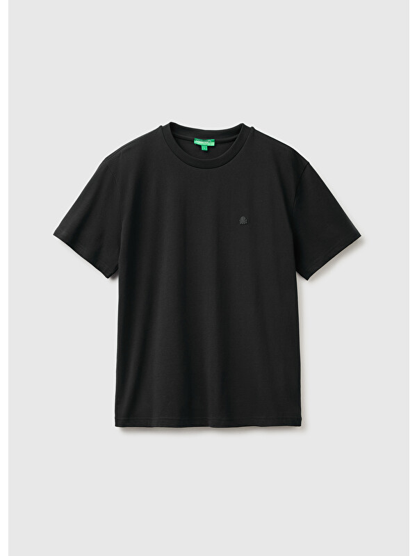 United Colors Of Benetton Erkek Siyah %100 Pamuk Logolu Bisiklet Yaka T-Shirt