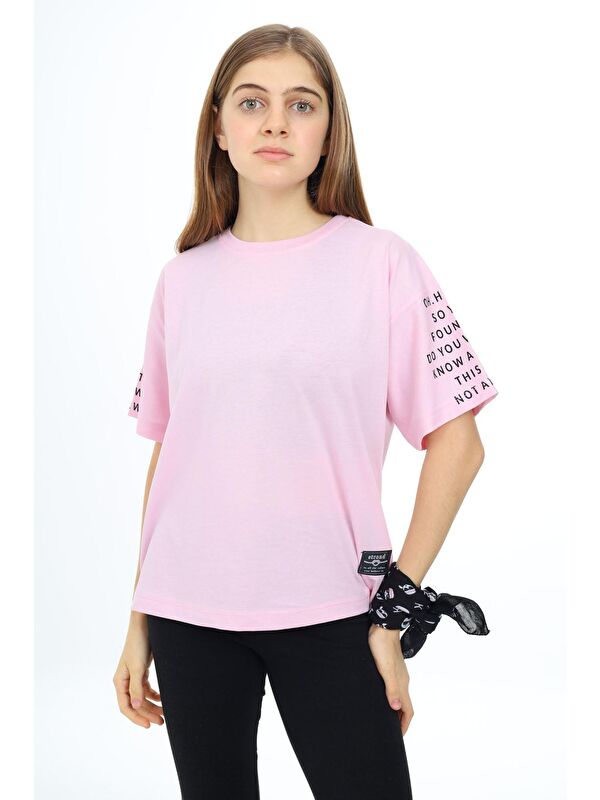 Pengai Pembe Kolları Yazı Baskılı Armalı Kız Çocuk Basic Tişört