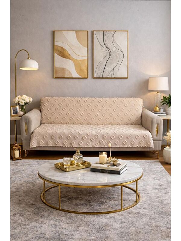 Çeyiz Diyarı Pondü 170x210 cm Kaymaz Taban Koltuk Örtüsü Bej