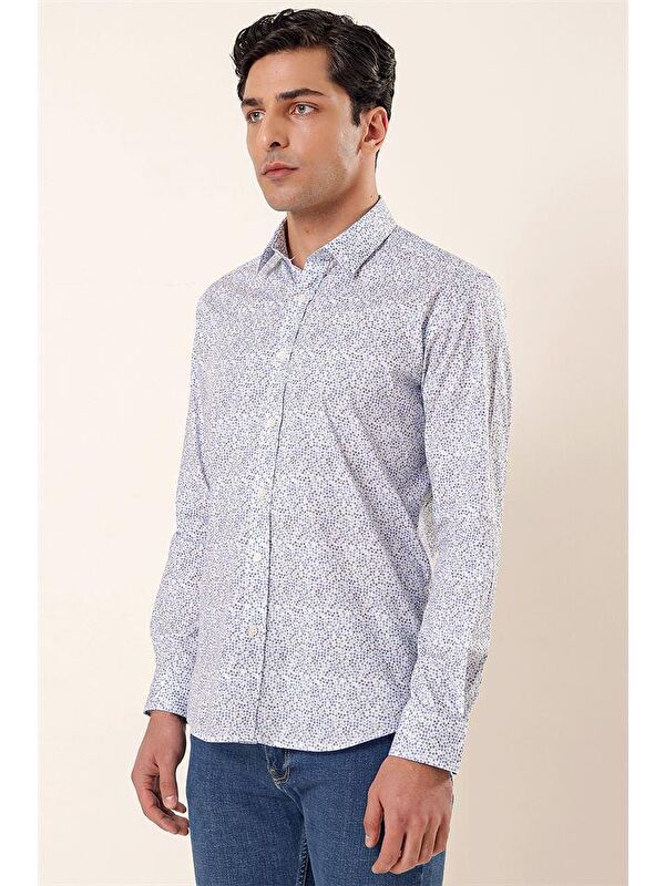 İMZA Koyu Mavi Uzun Kollu Baskılı Sert Yaka Cepsiz Pamuklu Elastanlı Casual Slim Fit Gömlek 1004230135
