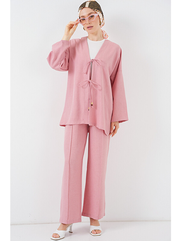 Bigdart Kadın Keten Kimono İkili Takım 6727 - Gül Kurusu