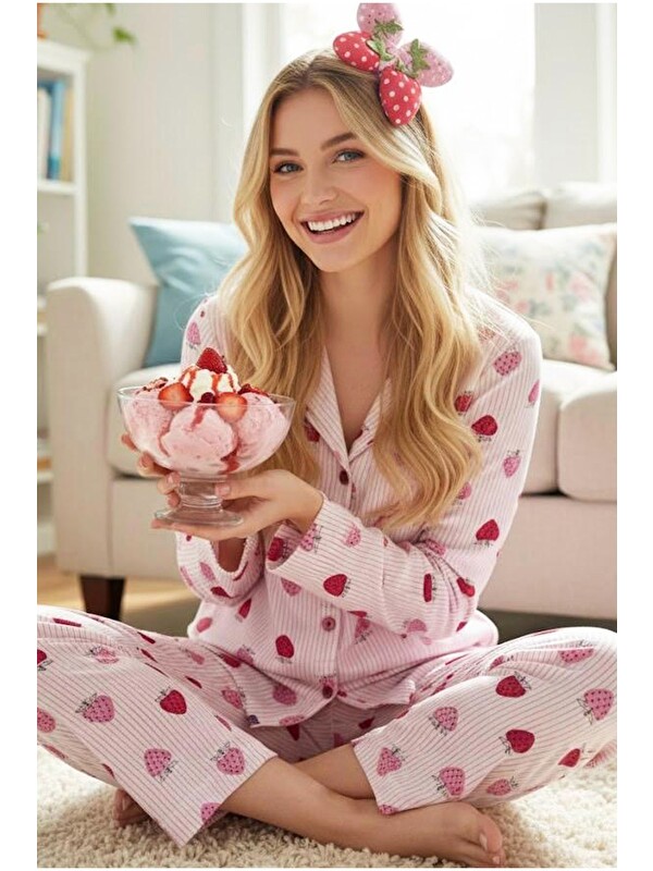 Siyah İnci Mevsimlik İnce Düğmeli Örme Pijama Takım 7978