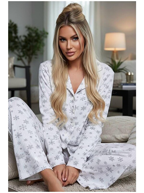 Siyah İnci Yumuşak Tuşe Kışlık Fitilli Düğmeli Pamuklu Örme Pijama Takım 7980