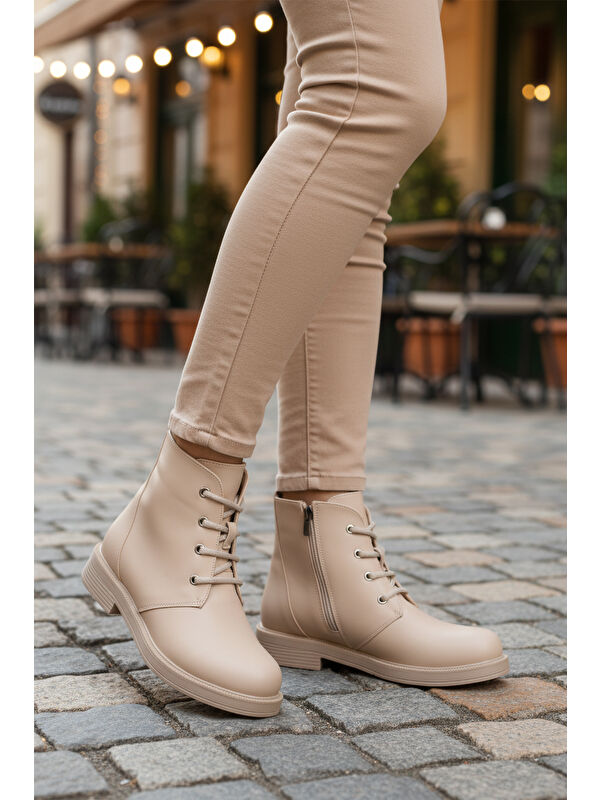 Bej Cilt Bağcıklı Fermuarlı Kaymaz Kadın Bot 284098 Z - Görsel 4