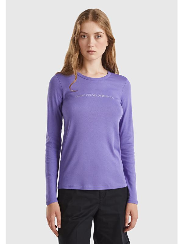 United Colors Of Benetton Kadın Mor 100 Pamuk Bisiklet Yaka Benetton Yazılı Uzun Kollu T Shirt
