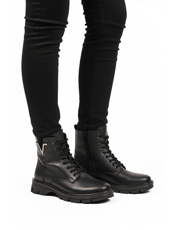 Siyah Cilt Bağcıklı Fermuarlı Polarlı Kaymaz Kadın Bot 351071 Z - Görsel 2