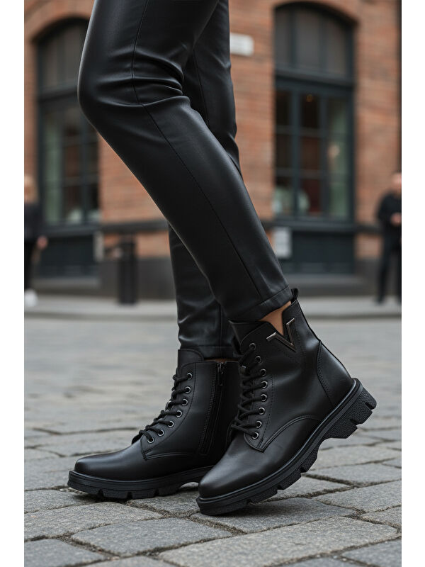 Siyah Cilt Bağcıklı Fermuarlı Polarlı Kaymaz Kadın Bot 351071 Z - Görsel 4