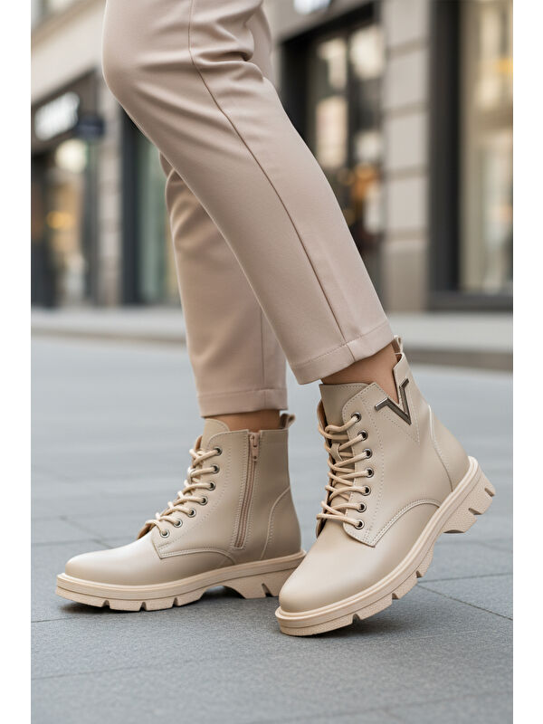 Bej Cilt Bağcıklı Fermuarlı Polarlı Kaymaz Kadın Bot 351071 Z - Görsel 4