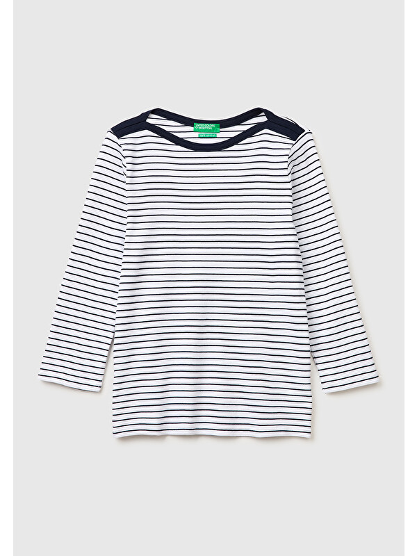 United Colors Of Benetton Kadın Mavi %100 Pamuk Çizgili Kayık Yaka Sweatshirt