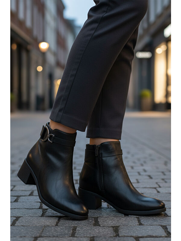 Siyah Cilt Fermuarlı Kaymaz Polarlı Kadın Topuklu Bot 417637 Z - Görsel 4