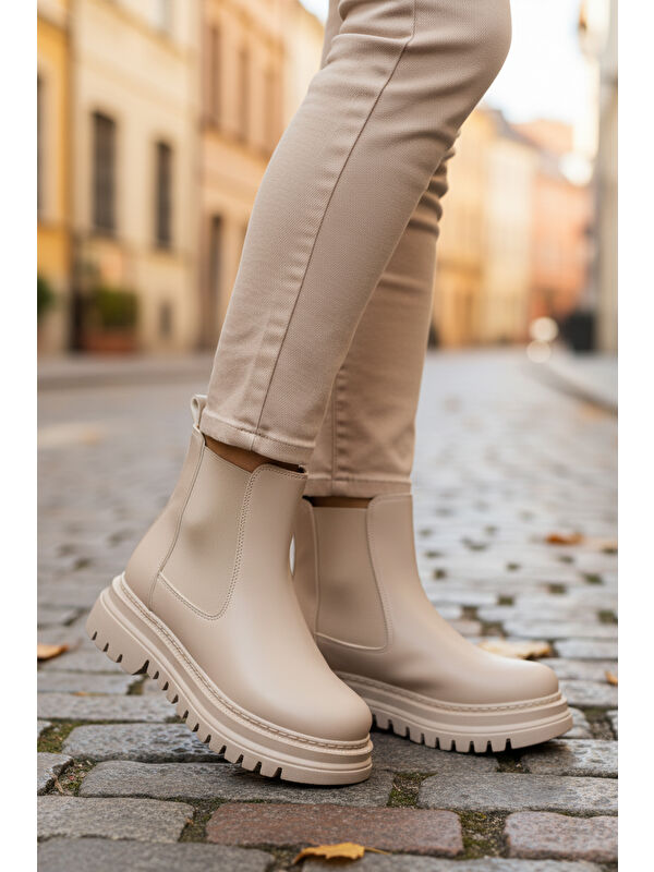 Bej Cilt Kürklü Kolay Giyilebilir Kaymaz Kadın Chelsea Bot 473093 Z - Görsel 4