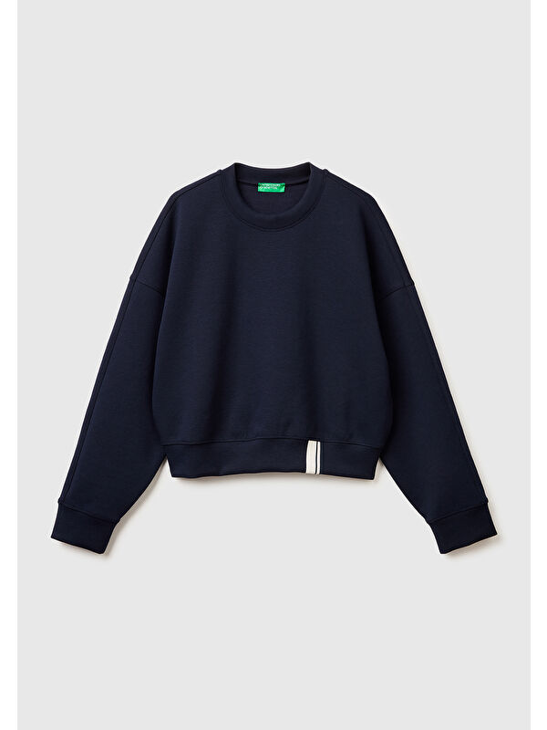 United Colors Of Benetton Kadın Lacivert Pamuk ve Modal Karışımlı Arkası İşlemeli Bisiklet Yaka Sweatshirt