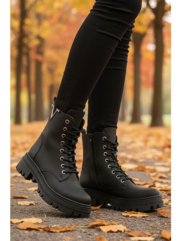 Siyah Zümrüt Bağcıklı Fermuarlı Kaymaz Kadın Bot 514531 Z - Görsel 4