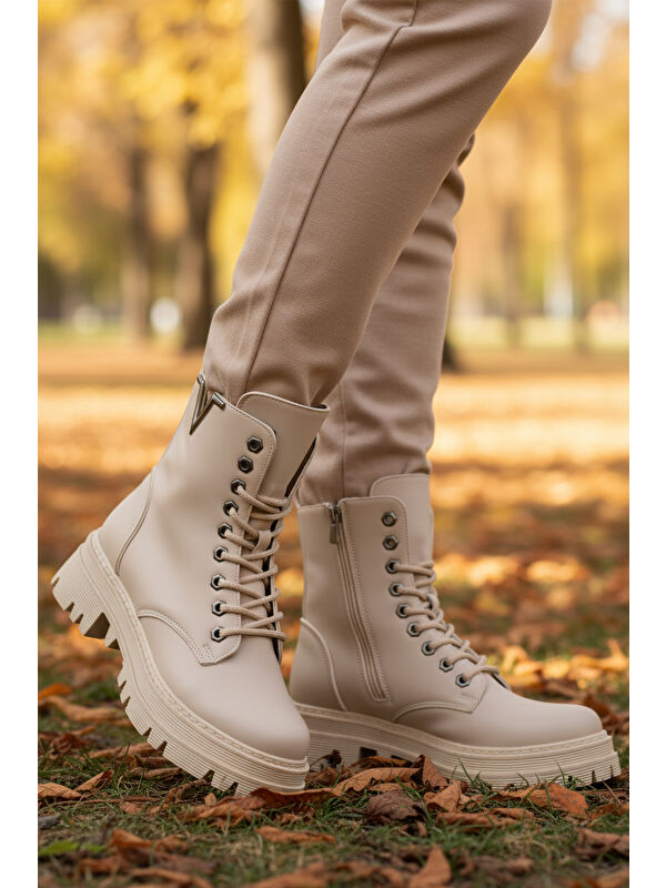 Bej Cilt Bağcıklı Fermuarlı Kaymaz Kadın Bot 514531 Z - Görsel 4