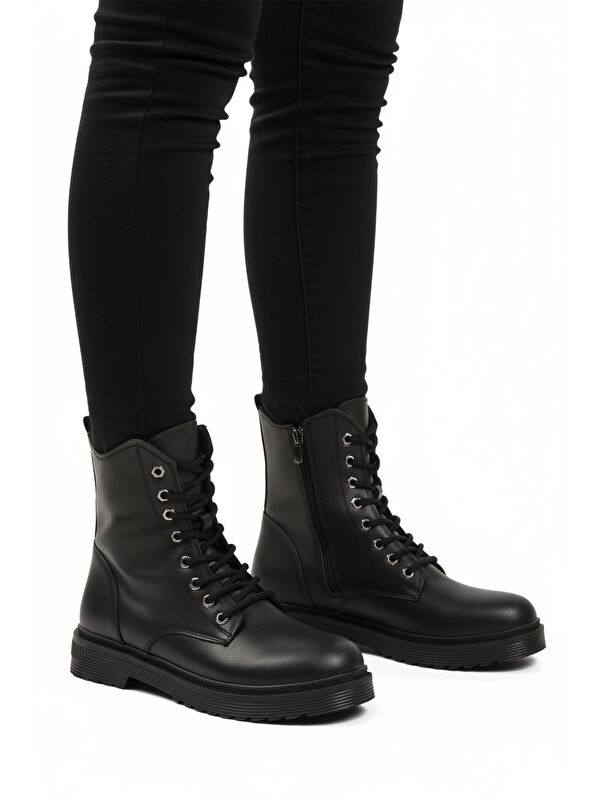 Siyah Cilt Kürklü Bağcıklı Fermuarlı Kaymaz Kadın Bot 525383 Z - Görsel 2