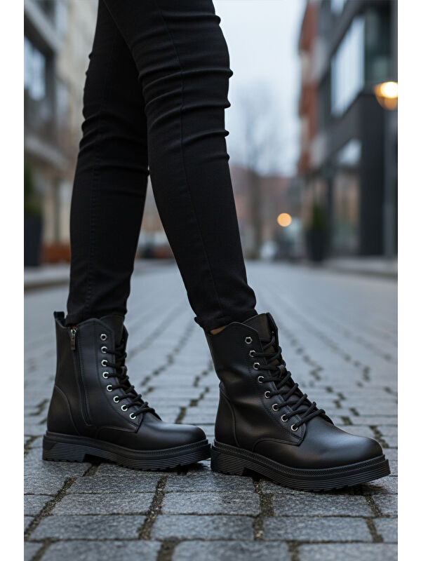 Siyah Cilt Kürklü Bağcıklı Fermuarlı Kaymaz Kadın Bot 525383 Z - Görsel 4