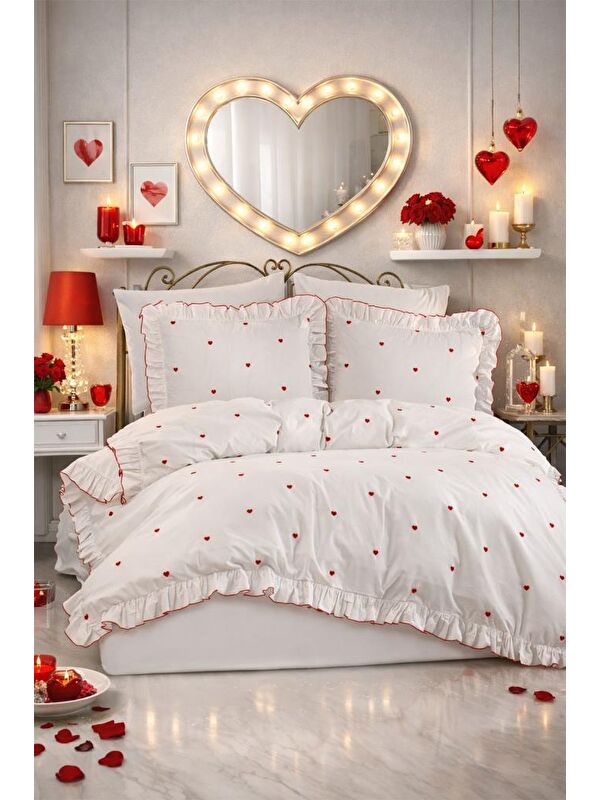 Çeyiz Diyarı Valentine Love Nakışlı 6 Parça Nevresim Takımı Kırmızı