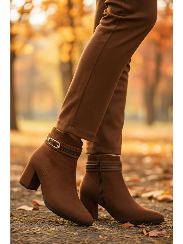 Kahve Süet Fermuarlı İçi Kürklü Kadın Topuklu Bot 547815 Z - Görsel 4