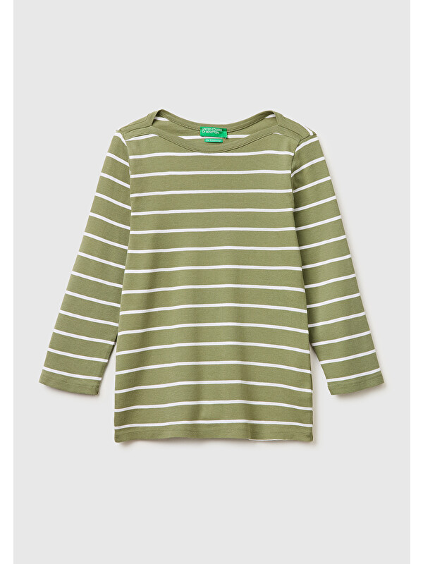 United Colors Of Benetton Kadın Yeşil %100 Pamuk Çizgili Kayık Yaka Sweatshirt