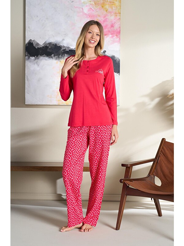Kompedan Kadın Desenli Modal Önü Patlı Pijama Takım | Kırmızı 3193