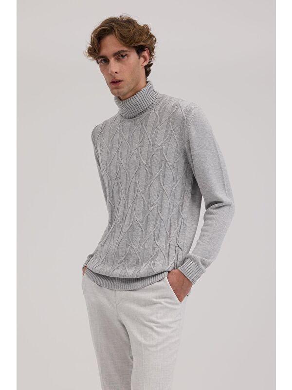 JAKAMEN Gri Slim Fit Desenli Tam Balıkçı Yaka Triko
