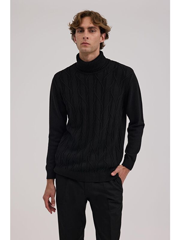 JAKAMEN Siyah Slim Fit Desenli Tam Balıkçı Yaka Triko