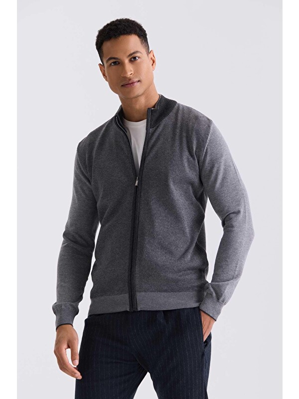 JAKAMEN Gri Slim Fit Fermuarlı Triko Hırka