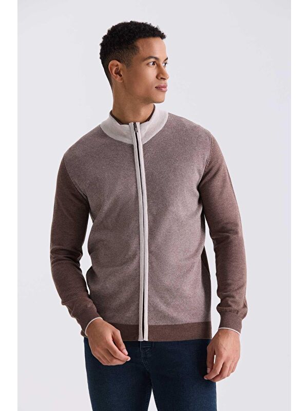 JAKAMEN Kahve Slim Fit Fermuarlı Triko Hırka