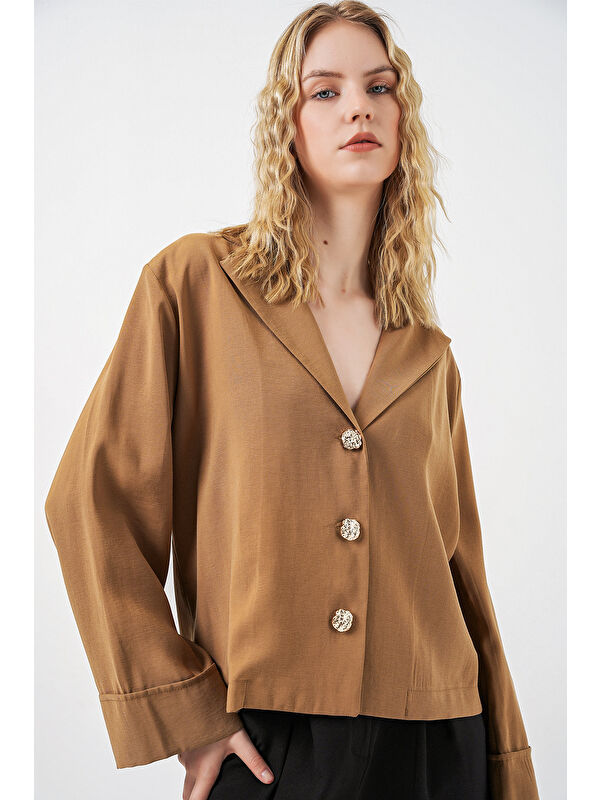 Bigdart Kadın Kruvaze Yaka Oversize Ceket 0747 - Camel