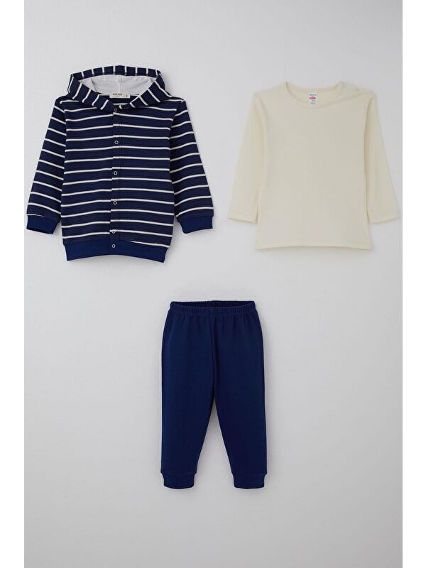 Breeze Erkek Bebek Bodyli 3 Lü Takım Çizgili Çıtçıtlı Lacivert (4 Ay-1 Yaş)