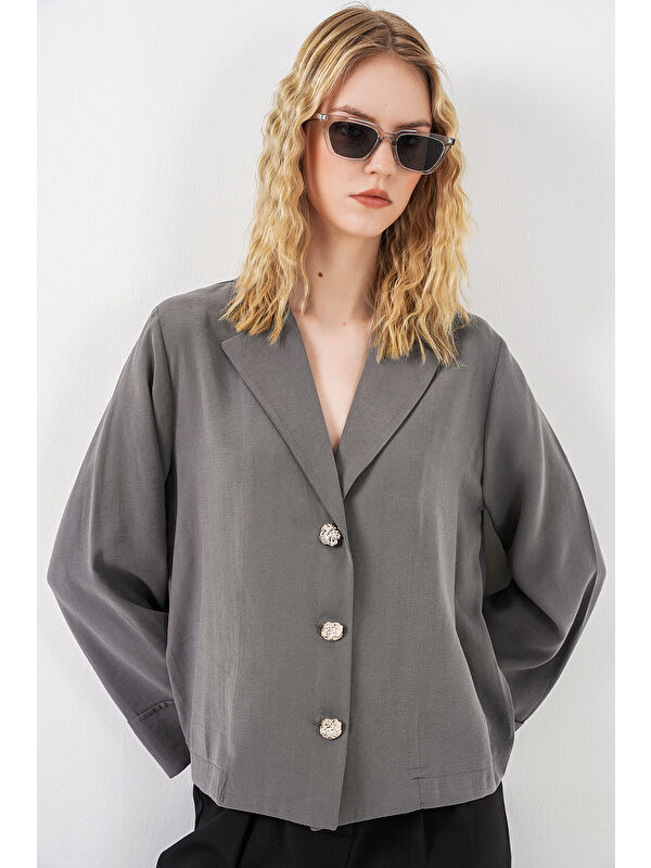 Bigdart Kadın Kruvaze Yaka Oversize Ceket 0747 - Gri