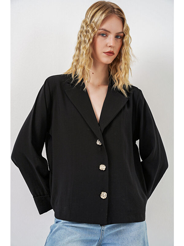 Bigdart Kadın Kruvaze Yaka Oversize Ceket 0747 - Siyah