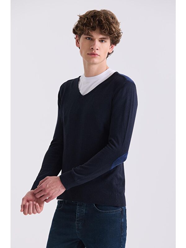 JAKAMEN Lacivert Slim Fit V Yaka Triko Kazak