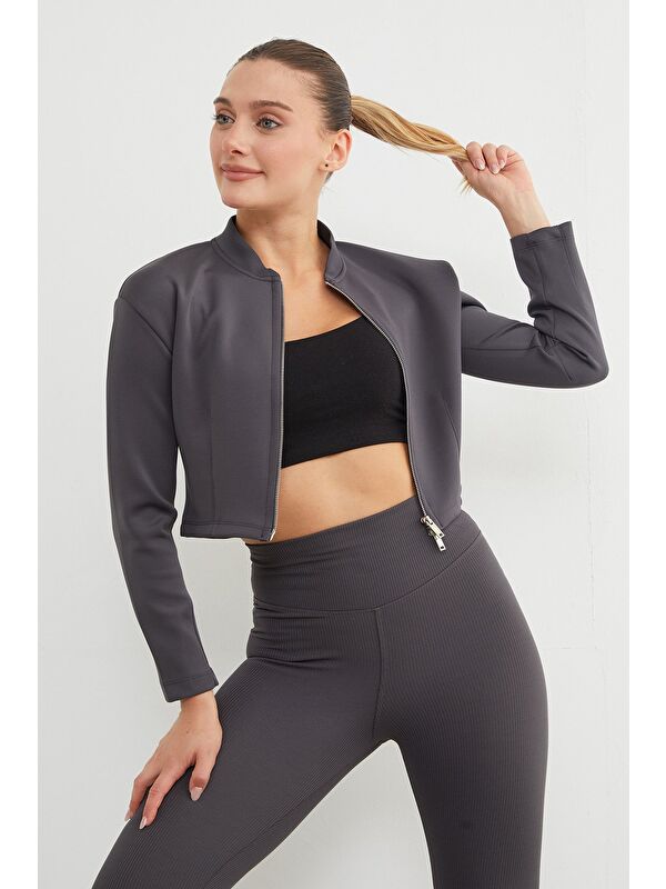 Fullamoda Fermuarlı Hakim Yaka Crop Spor Ceket