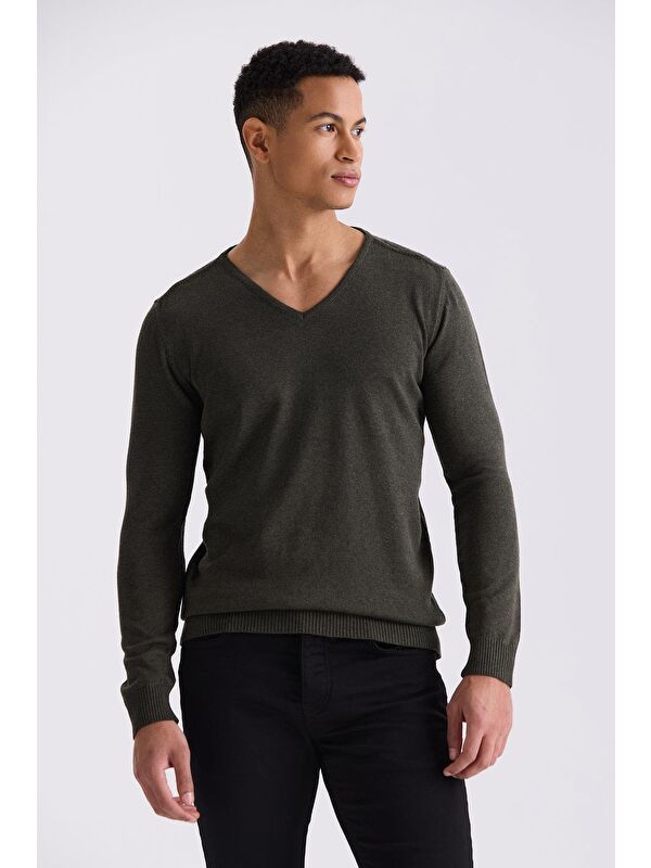JAKAMEN Haki Slim Fit V Yaka Triko Kazak