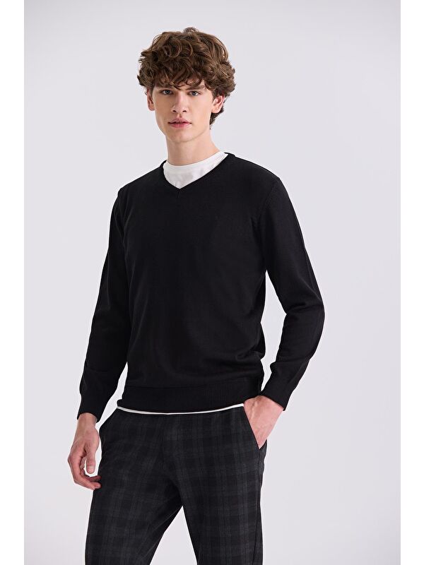 JAKAMEN Siyah Slim Fit V Yaka Triko Kazak