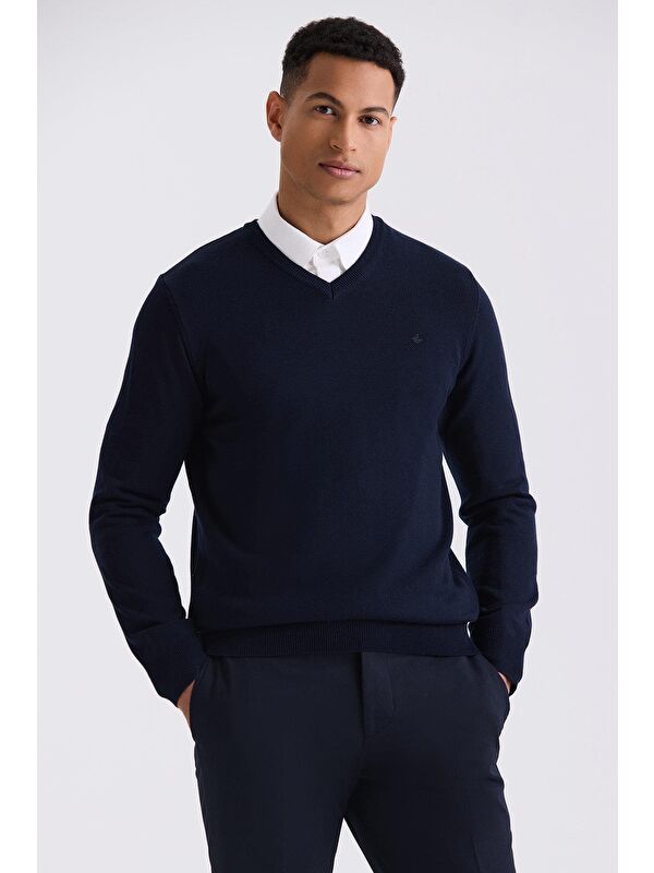JAKAMEN Lacivert Slim Fit V Yaka Triko Kazak