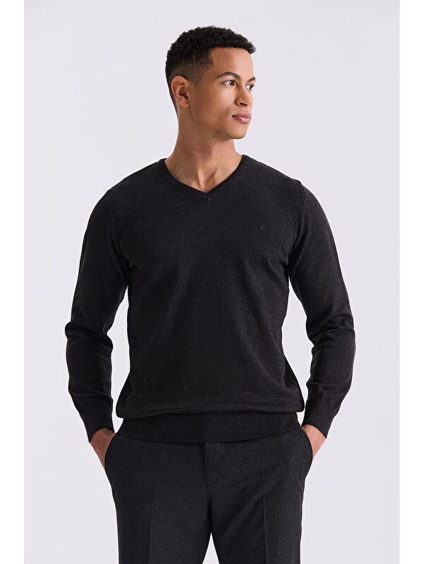 JAKAMEN Antrasit Slim Fit V Yaka Triko Kazak