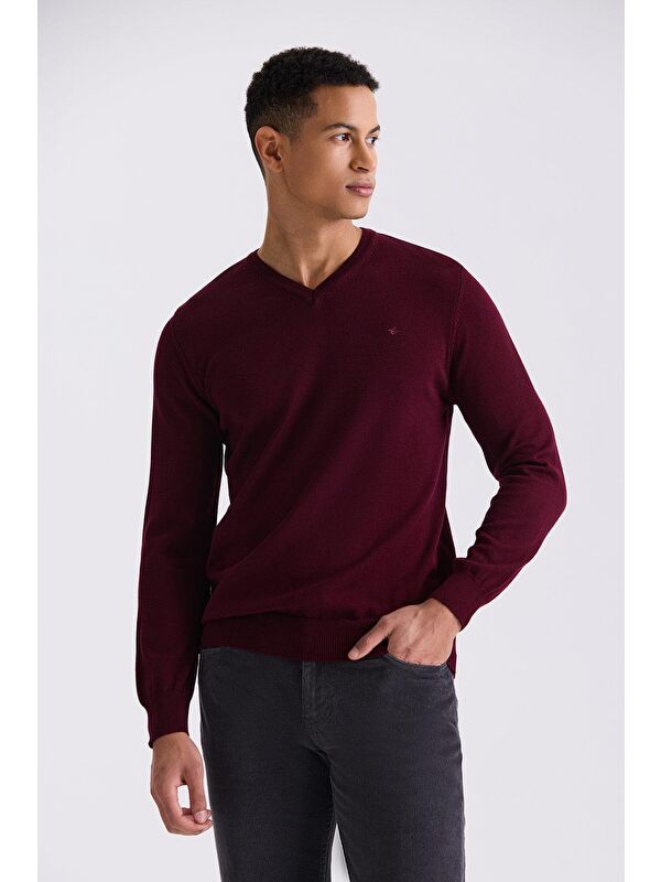 JAKAMEN Bordo Slim Fit V Yaka Triko Kazak
