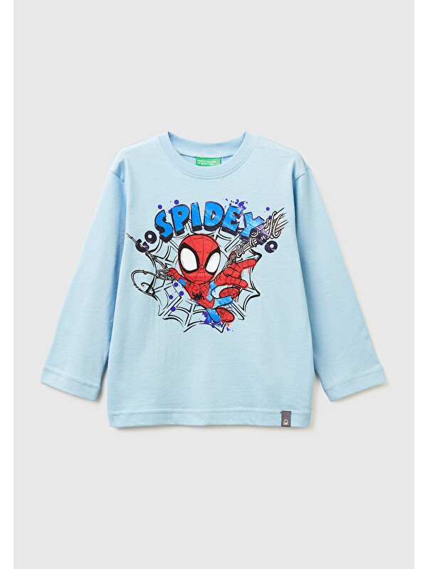 United Colors Of Benetton Erkek Çocuk Açık Mavi Spiderman Baskılı Logo Etiketli  Jarse Uzun Kollu T-shirt