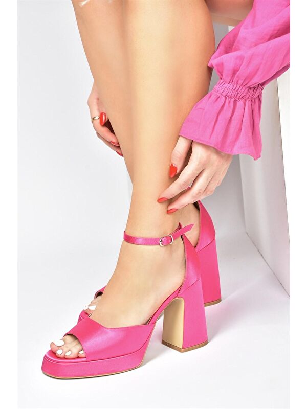 Fuşya Saten Kumaş Kalın Platform Topuklu Kadın Ayakkabı M570020804 - Görsel 6