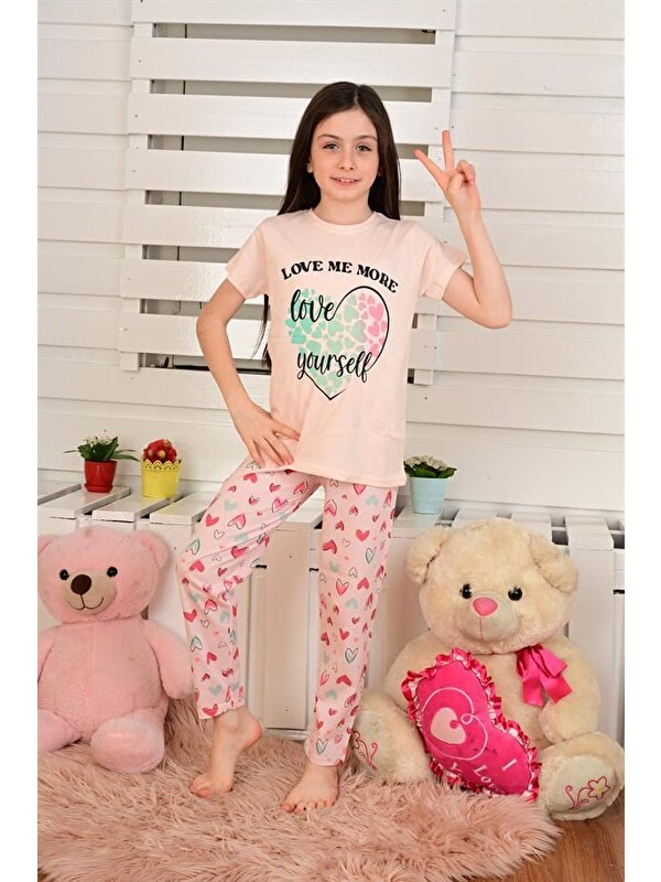 Vitmo Kısa Kollu Kız Çocuk Pijama Takımı Love Me More Somon