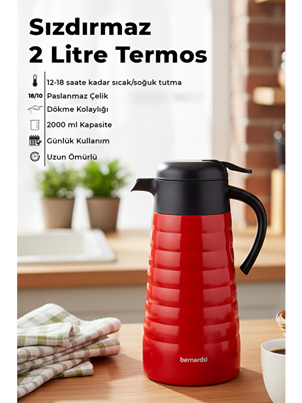 BERNARDO Nora 2 Litre Çelik Termos Kırmızı