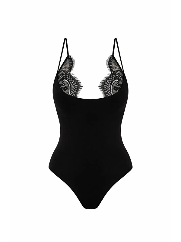 eka Kadın Siyah Dantel Detaylı Askılı Bodysuit 0800-0410