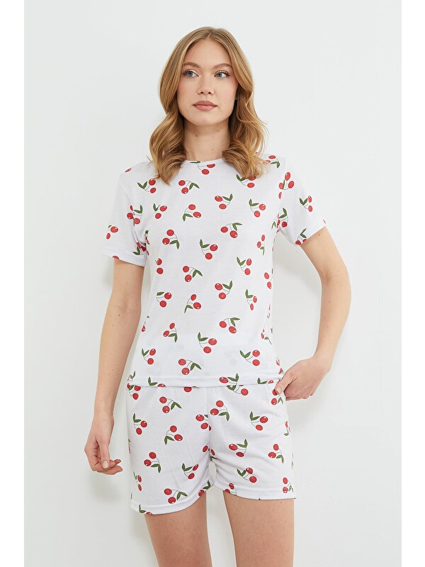 Fullamoda Kiraz Desenli Bisiklet Yaka Şortlu Pijama Takımı