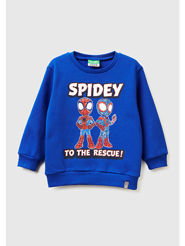 United Colors Of Benetton Erkek Çocuk Saks Mavisi Spiderman Baskılı Logo Etiketli Kabartmalı  Nervürlü Sweatshirt