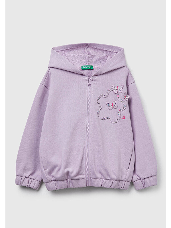 United Colors Of Benetton Kız Çocuk Lila Önü Aplikeli Fermuarlı Yan Cepli Kapüşonlu Sweatshirt