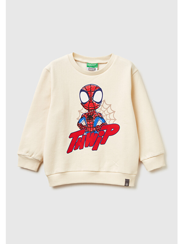 United Colors Of Benetton Erkek Çocuk Krem Spiderman Baskılı Logo Etiketli Kabartmalı  Nervürlü Sweatshirt